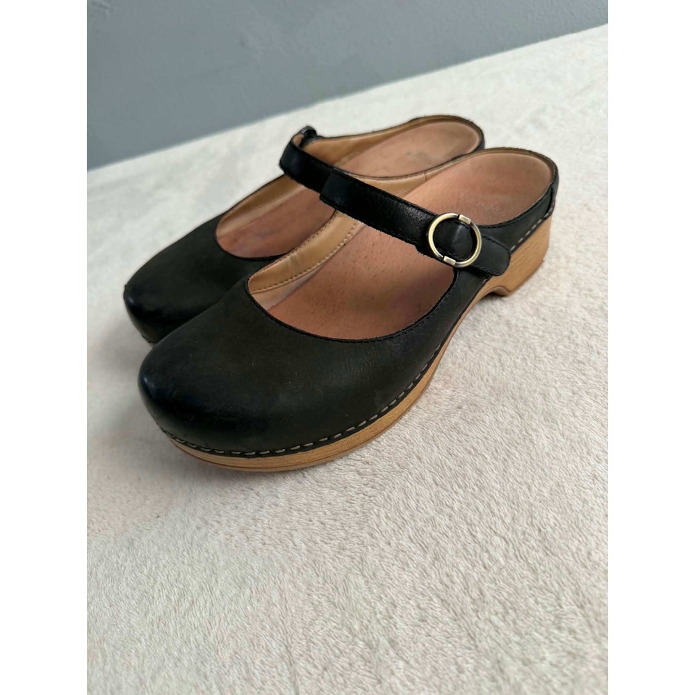 Dansko Womens 37 Black Leather Mary Jane Clogs Wood Sole Buckle Strap